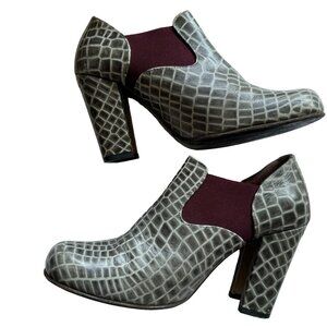 John Fluevog U Heel Melania Croc Embossed Elastic Ankle Slip On Heeled Booties